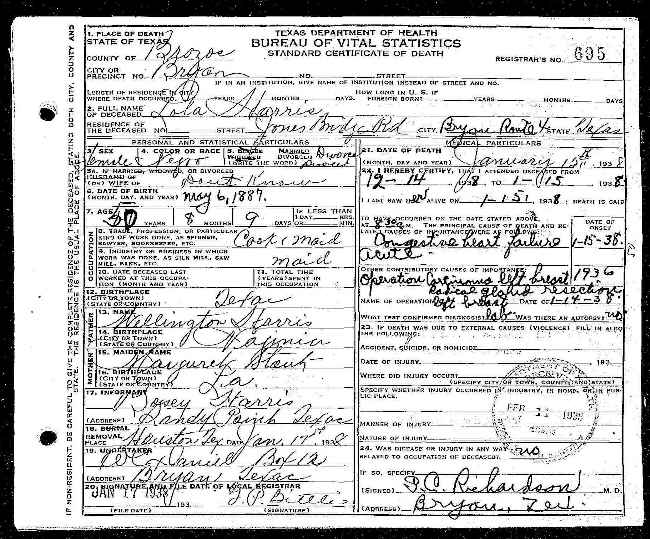 Lola v Harris Death certificate